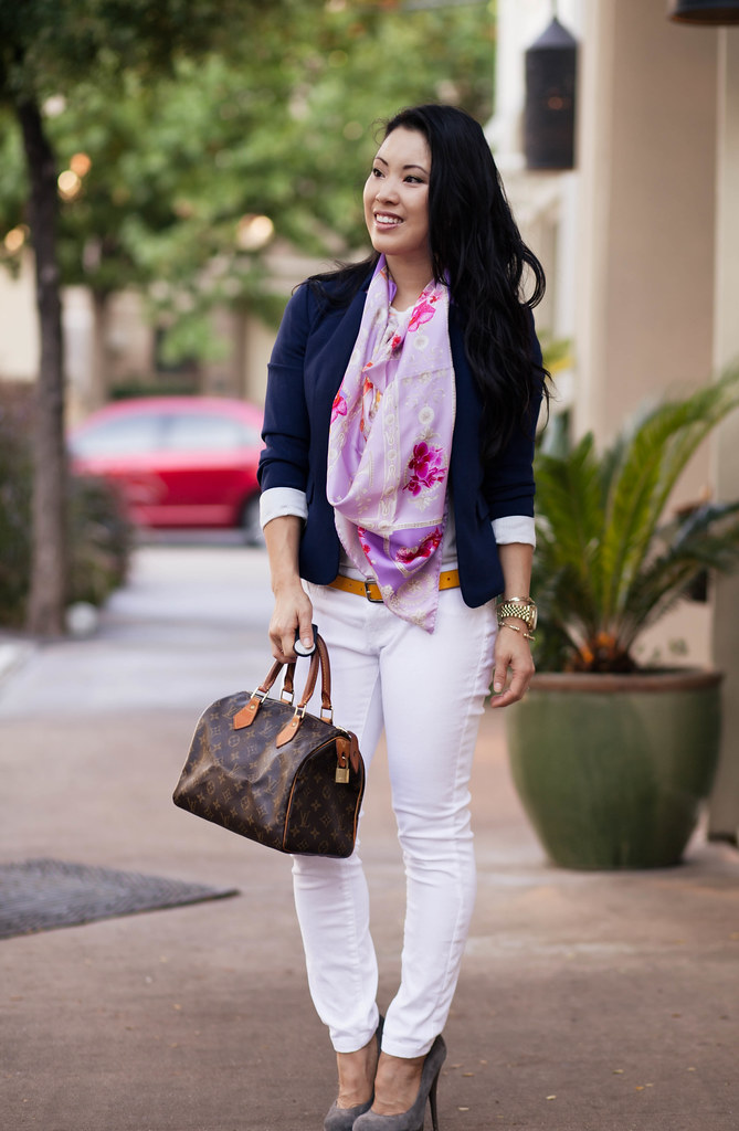 cute & little blog | loft navy notched collar jacket, purple silk scarf, white skinny jeans, lv speedy 25 outfit #ootd, petite fashion