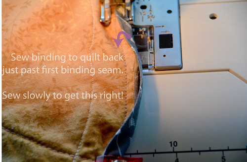 6. Sew binding to quilt back, making sure your second seam is to the left of the first binding seam.