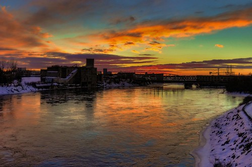 bridge winter sunset sky orange sun snow ontario canada reflection river industrial waterfront quebec ottawa shore gatineau chaudiere beyondhue