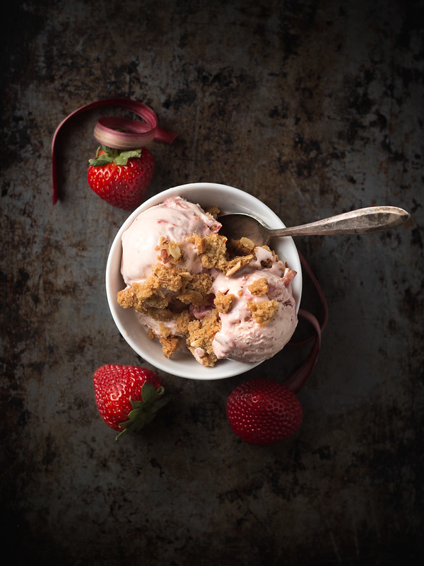 Strawberry Rhubarb Ice Cream with Crunchy Almond Crumble Topping