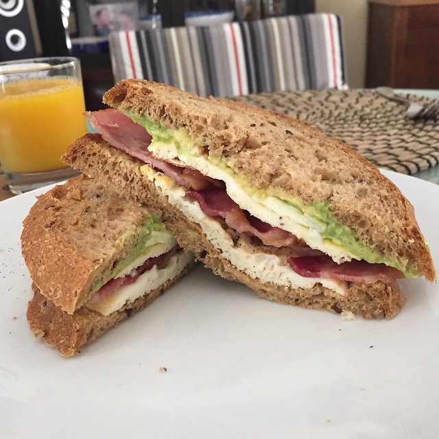 Epic post 10mile run brunch- bacon, egg & avocado sandwich on my dad's awesome bread.