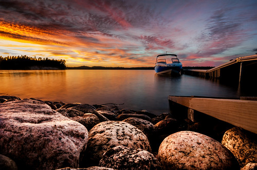 sunset summer lake water clouds boat bateau ete bombardier lackenogami