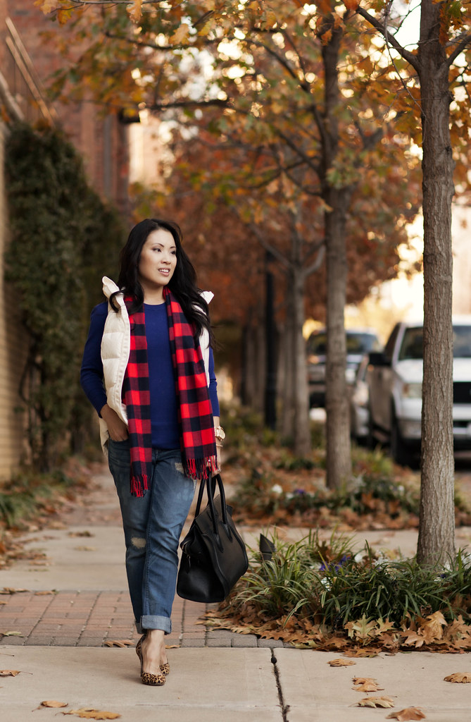 cute & little blog | lululemon white puffer quilted vest, gap buffalo plaid scarf, express stella distressed jeans, leopard pumps, celine luggage tote outfit