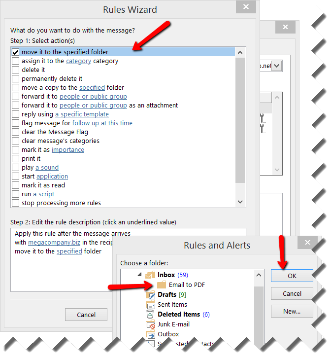 Image shows the Outlook 2013 Rules Wizard. "Move it to the specified folder" is selected.