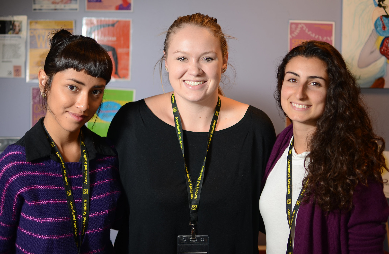 The Women's Center, which recently opened its doors, hired all new staff to run the center which is located located on the terrace level of the Cesar Chavez Student Center in room T-116. Analleli Gallardo (left) is the new office assistant, Brooke Glasky (center) is the new director, and Shani Winston (right) is the new assistant director. Photo by Virginia Tieman / Xpress