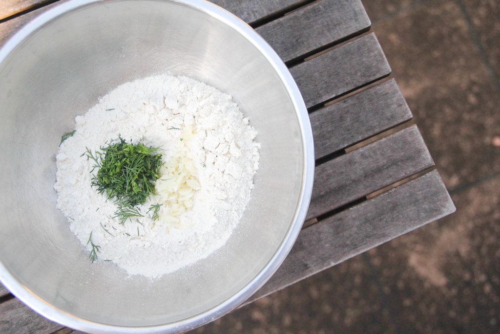 mixing in dill and garlic