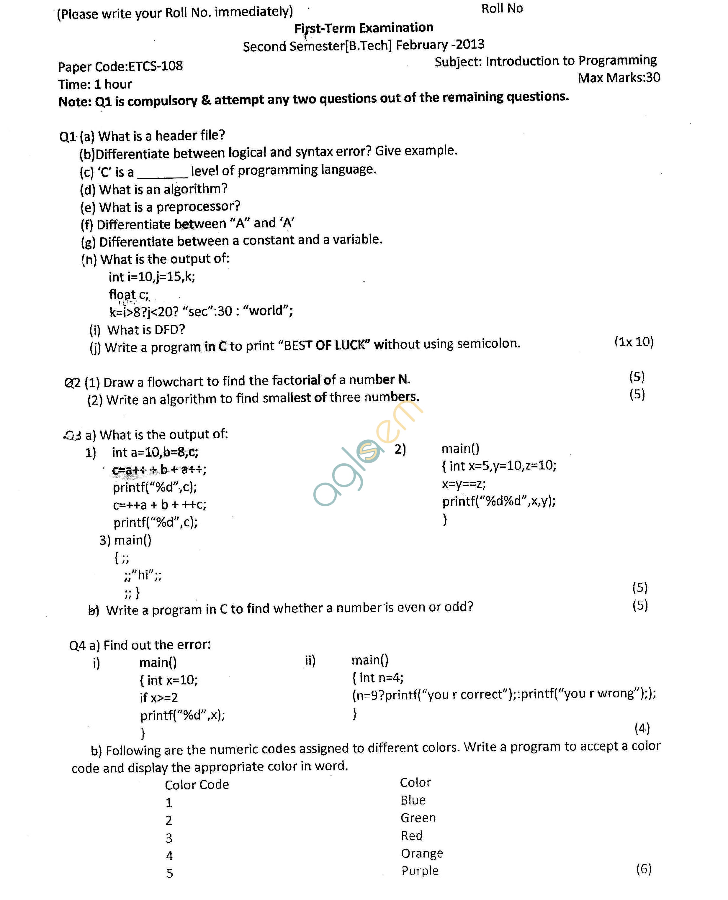 GGSIPU Question Papers Second Semester  First Term 2013  ETCS-108