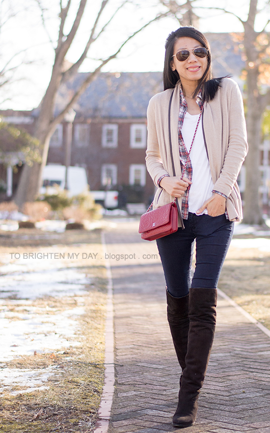 camel open cardigan, plaid shirt, white tee, brown suede over the knee boots