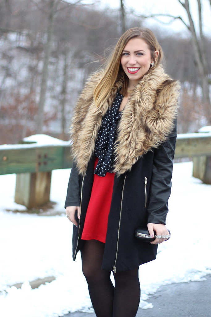 Living After Midnite: Outfit: Fur Coat, Red Skirt, Polka Dots