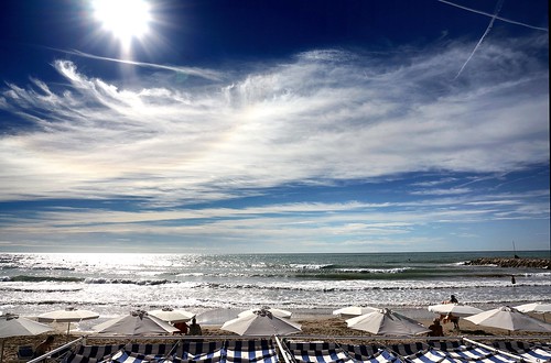 sea sky sun sunlight beach clouds seaside spain europe catalonia parasol sitges