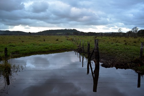 sky water pool clouds fence reflections landscape countryside wire australia drain pasture swamp nsw gloom northernrivers richmondvalley tuckeanswamp