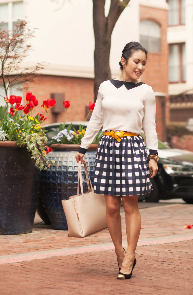 cute & little blog | petite fashion | zara tuxedo shirt, banana republic gingham check skirt, yellow accent belt outfit