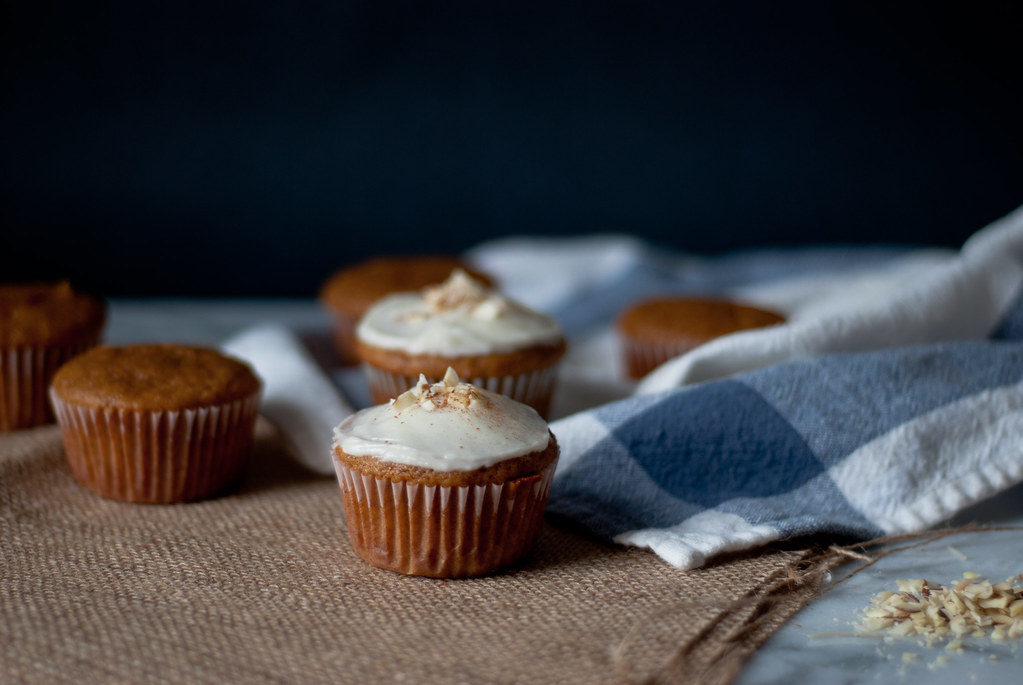 Half-batch recipe for pumpkin cupcakes, with maple cream cheese frosting