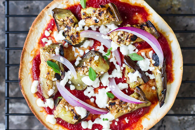 Grilled Eggplant, Red Onion, and Goat Cheese Pizza
