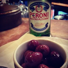 Pre-dinner goodies! Peroni Beer and Rosemary flavored olives! #food #peroni