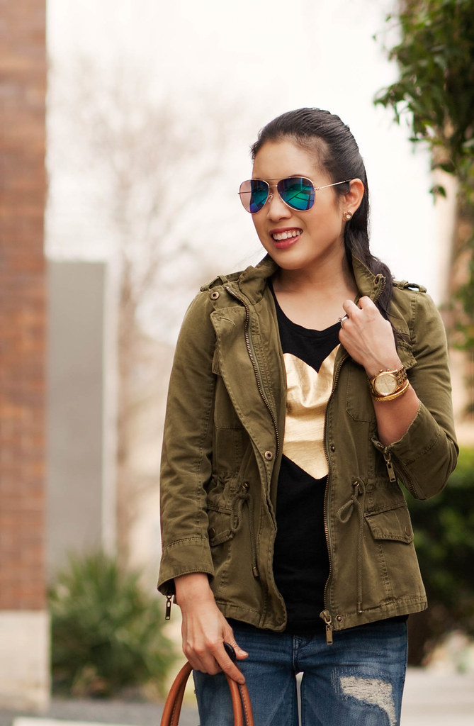 cute & little blog | petite fashion | casual spring layers outfit | utility jacket, j.crew heart graphic tee, distressed boyfriend jeans, leopard print pumps, mirrored aviators