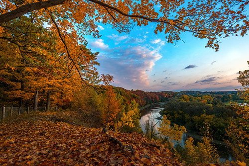 autumn colour homer watson park fall sunrise trees leaves sky clouds landscape outdoor kitchener ontario canada river water stream