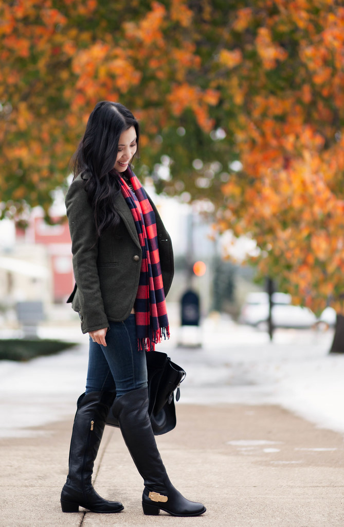 cute & little blog | olive wool blazer, buffalo plaid scarf, vince camuto bedina over the knee boots, statement necklace outfit
