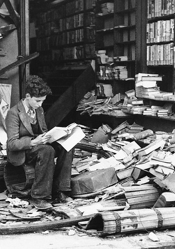 Bookstore ruined by an air raid, London 1940