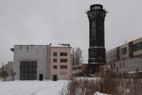 Abandoned locomotive workshops and water tower