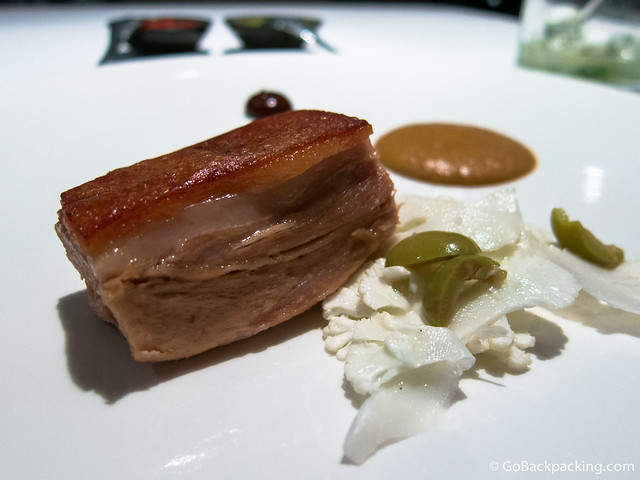 Course #6: Pork confit, a rich mole, drop of sweet tamarind sauce, and white cabbage