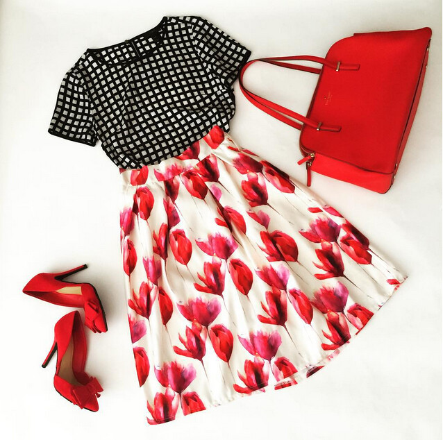 cute & little blog | petite fashion | windowpane blouse, tulip midi skirt, red bow pump, red bag | spring summer outfit