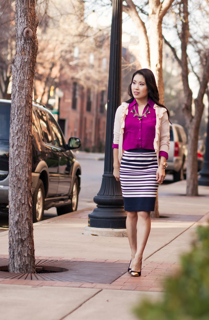cute & little blog | petite fashion | spring layers outfit | pink ruffle cardigan, radiant orchid shirt, striped pencil skirt, statement necklace
