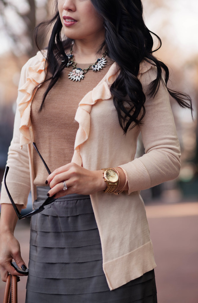 cute & little blog | neutrals with a modern twist outfit | peach ruffle cardigan, camel sweater, gray tiered skirt, chloe + isabel morningtide necklace