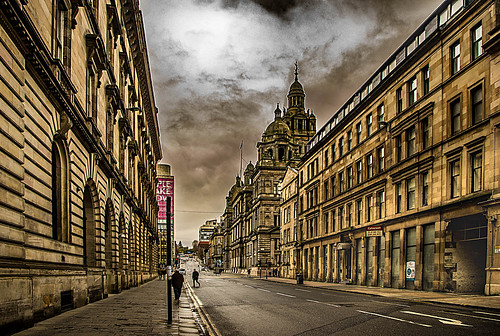 southfrederickstreet glasgow original arty mono straightroad converginglines perspective people sandstone stone tenement flats appartments citychambers sky skyscape skyline clouds cloud