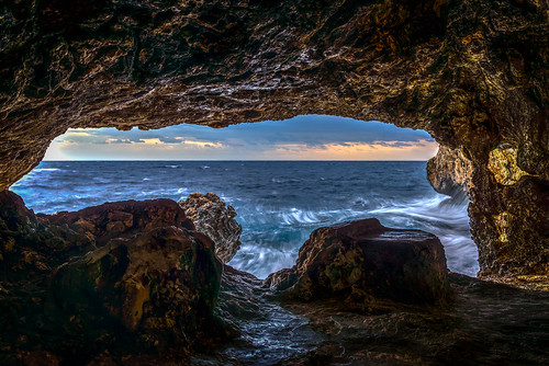 hdrnatural agioianargiroi capegreko cavogreko cyprus sunrise sea waves rocks cave