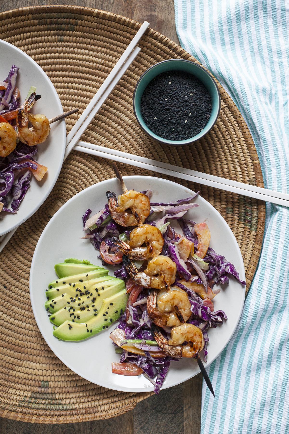Grilled Shrimp Skewers with Creamy Sesame Slaw | acalculatedwhisk.com #30MinuteMondays