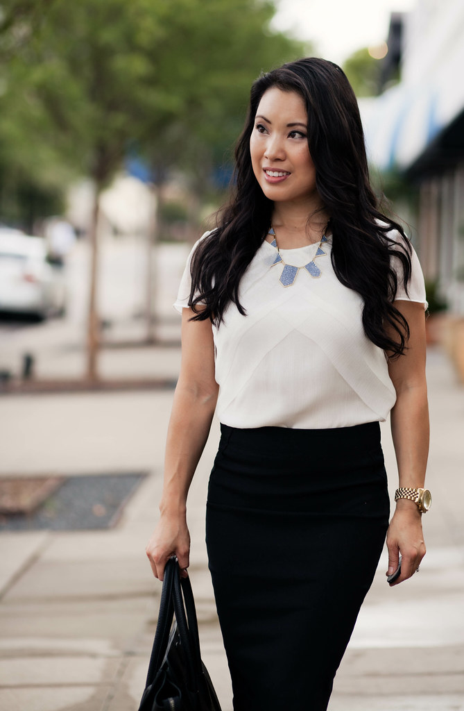 white chiffon blouse, black midi pencil skirt, shoemint bess blue pointed toe pumps, house of harlow blue star 5 station statement necklace, celine mini luggage tote outfit #ootd | dazzling blue | petite
