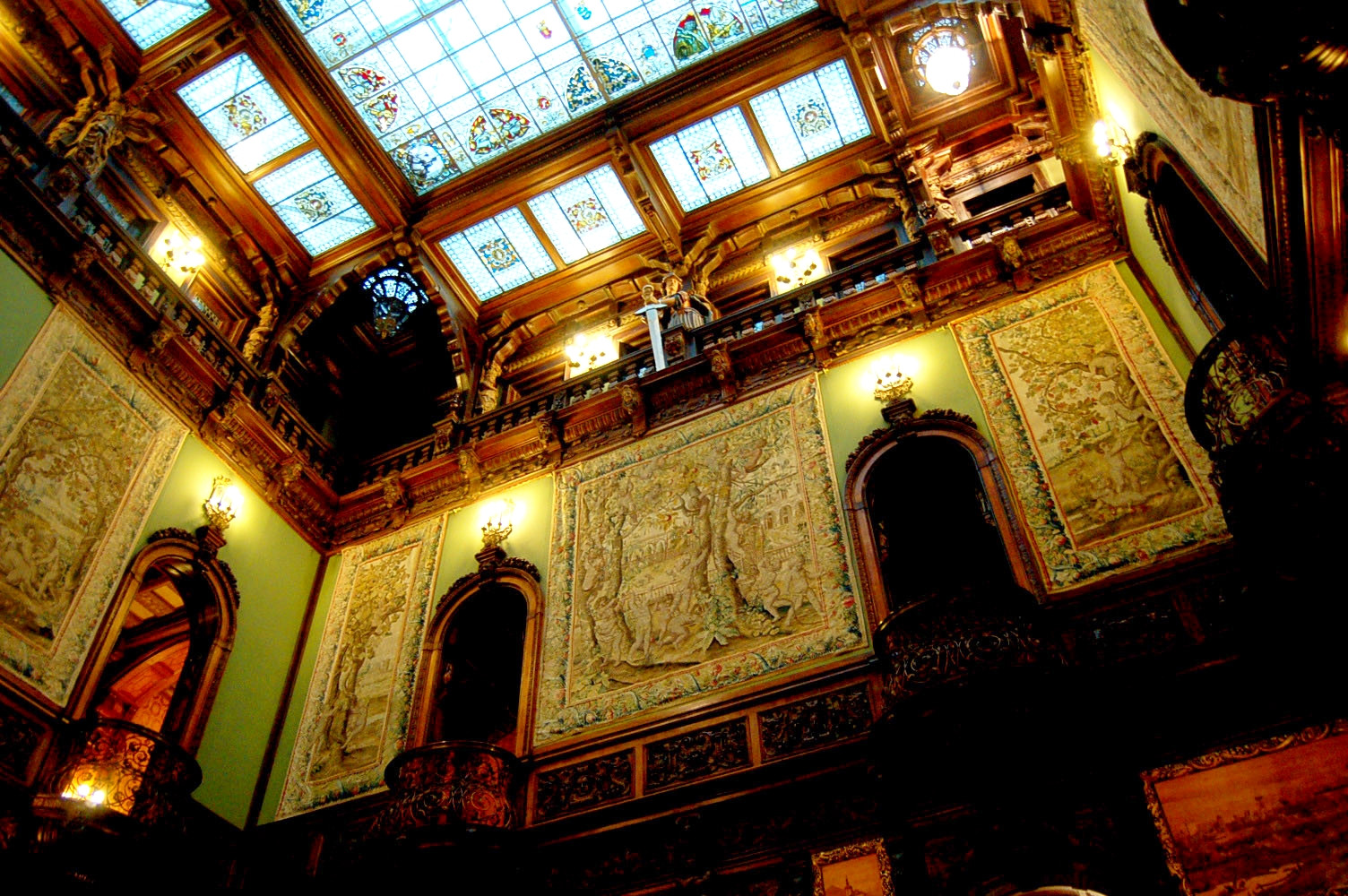 The 'Honor Hall' stained glass ceiling and carved woodwork. Credit Curious Expeditions