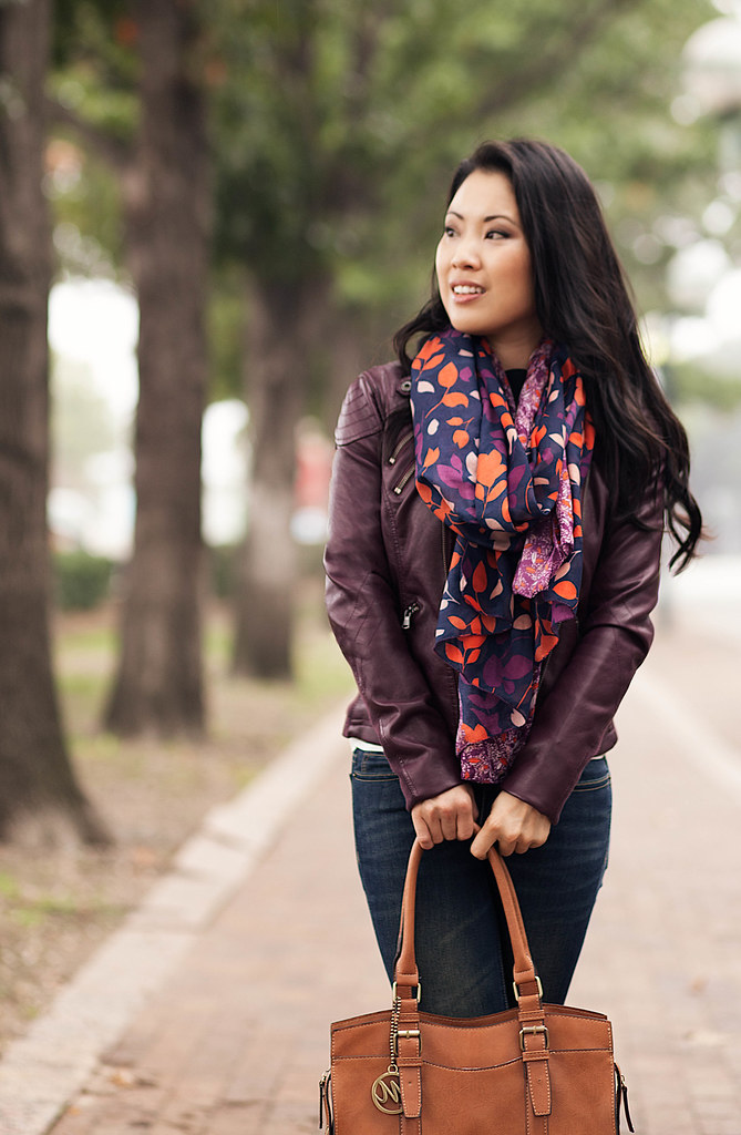 cute & little blog | merlot wine moto jacket, navy leaves scarf, red pumps outfit | fall layering