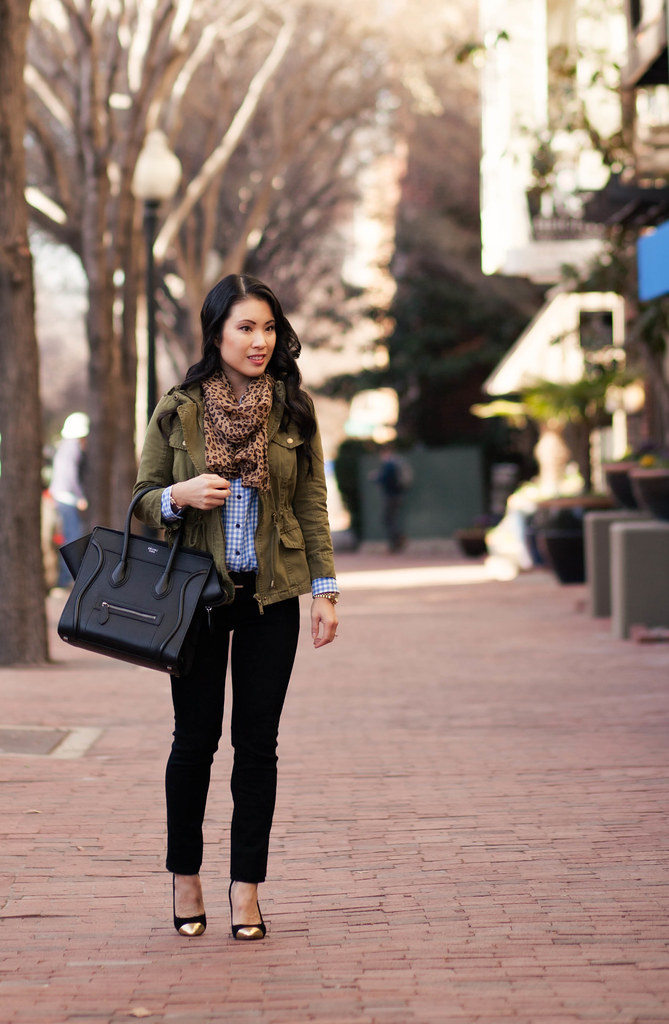 cute & little blog | utility jacket, gingham plaid, leopard print | pattern mixing casual outfit