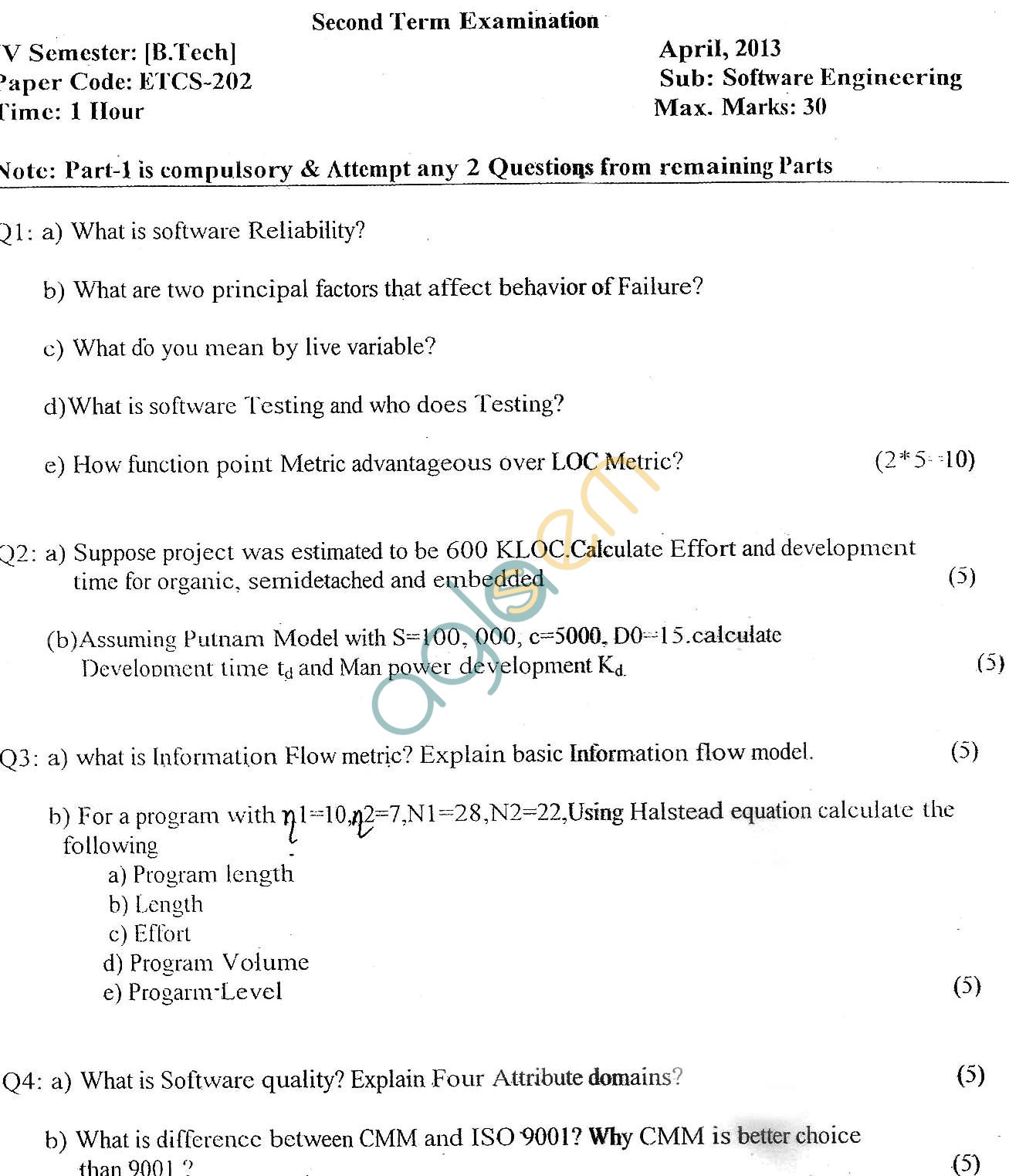GGSIPU Question Papers Fourth Semester – Second Term 2013 – ETCS-202