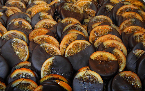 Chocolate-dipped oranges in a shop in Brugge, Belgium
