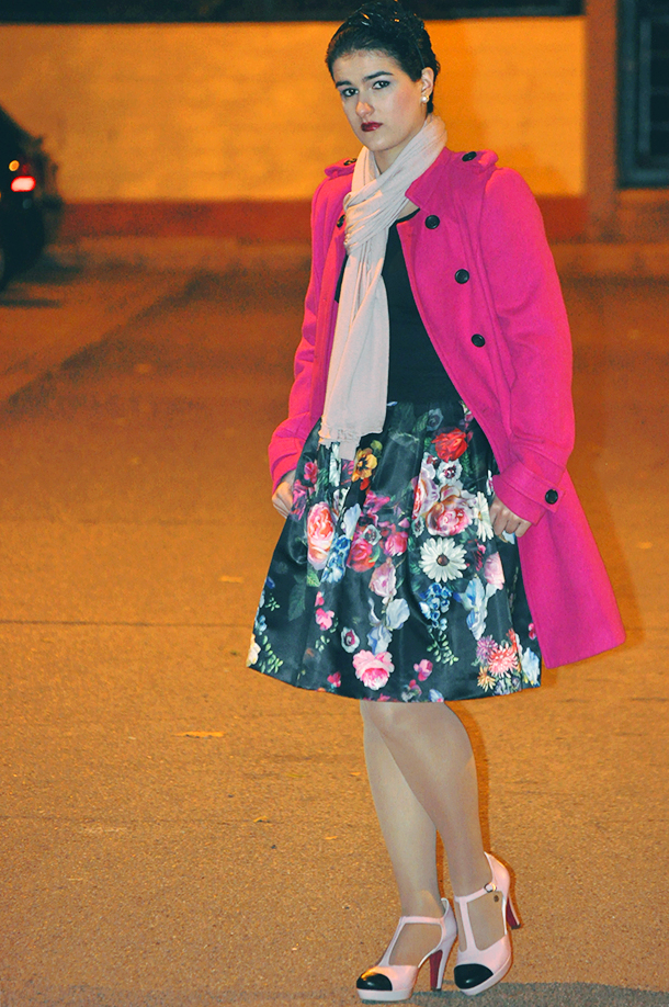 something fashion winter floral ted baker skirt, flowtii full flower skirt, feathers headpiece 50's inspired swirl updo, pink coat christmas partying outfit