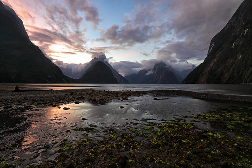 milford sound new zealand milfordsound newzealand low tide sunset dusk clouds mitre peak mountains ocean fiord fjord pacific island