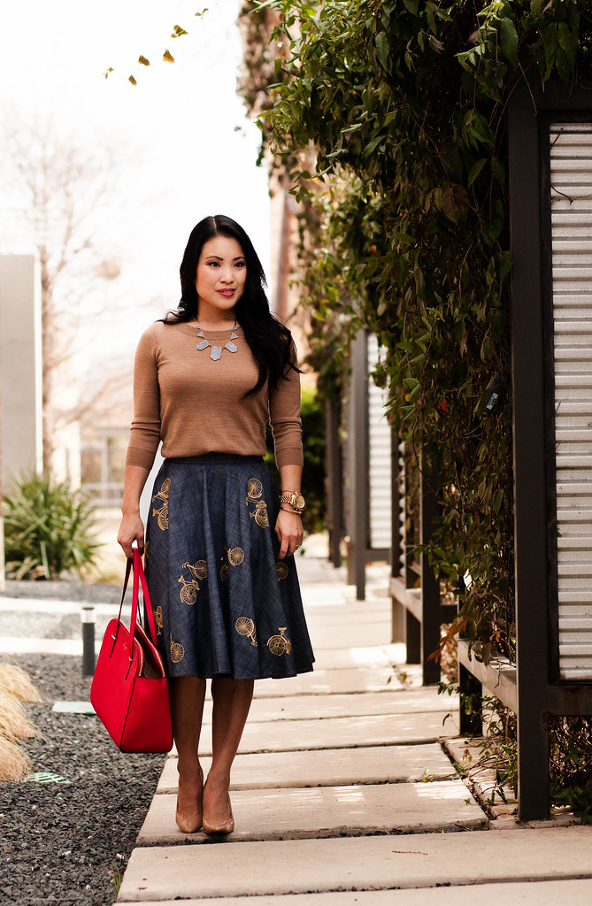 cute & little blog | eshakti bicycle chambray full skirt, house of harlow blue necklace, jcrew charley camel sweater, kate spade cedar street elissa red bag outfit