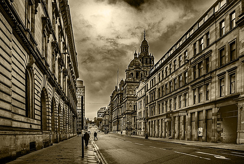 southfrederickstreet glasgow original arty mono straightroad converginglines perspective people sandstone stone tenement flats appartments citychambers sky skyscape skyline clouds cloud blackandwhite