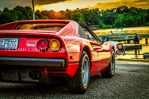 sunset red horse lake reflection classic car yellow italian northcarolina ferrari pantomime gts 308 mosslake ferrari308gts