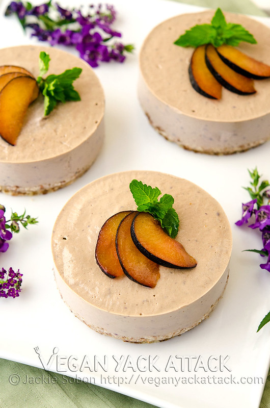 A raw Plum Banana Cheesecake made with fruit and nuts. Sinfully smooth and subtly sweet, but good for you! Vegan, Gluten-free, Soy-free