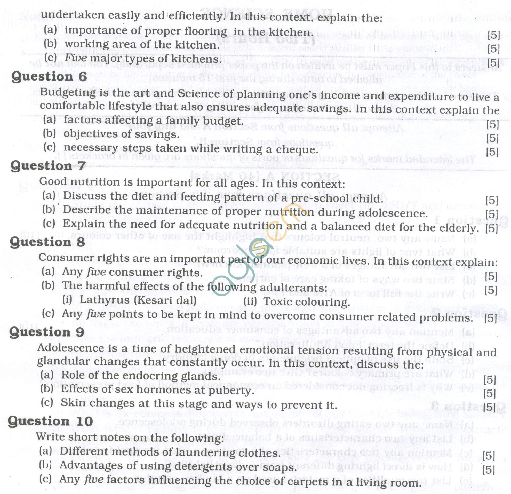 ICSE Question Papers 2013 for Class 10 - Home Science/