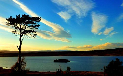 blue trees sunset castle silhouette yellow clouds scotland day skies cloudy ruin highland loch