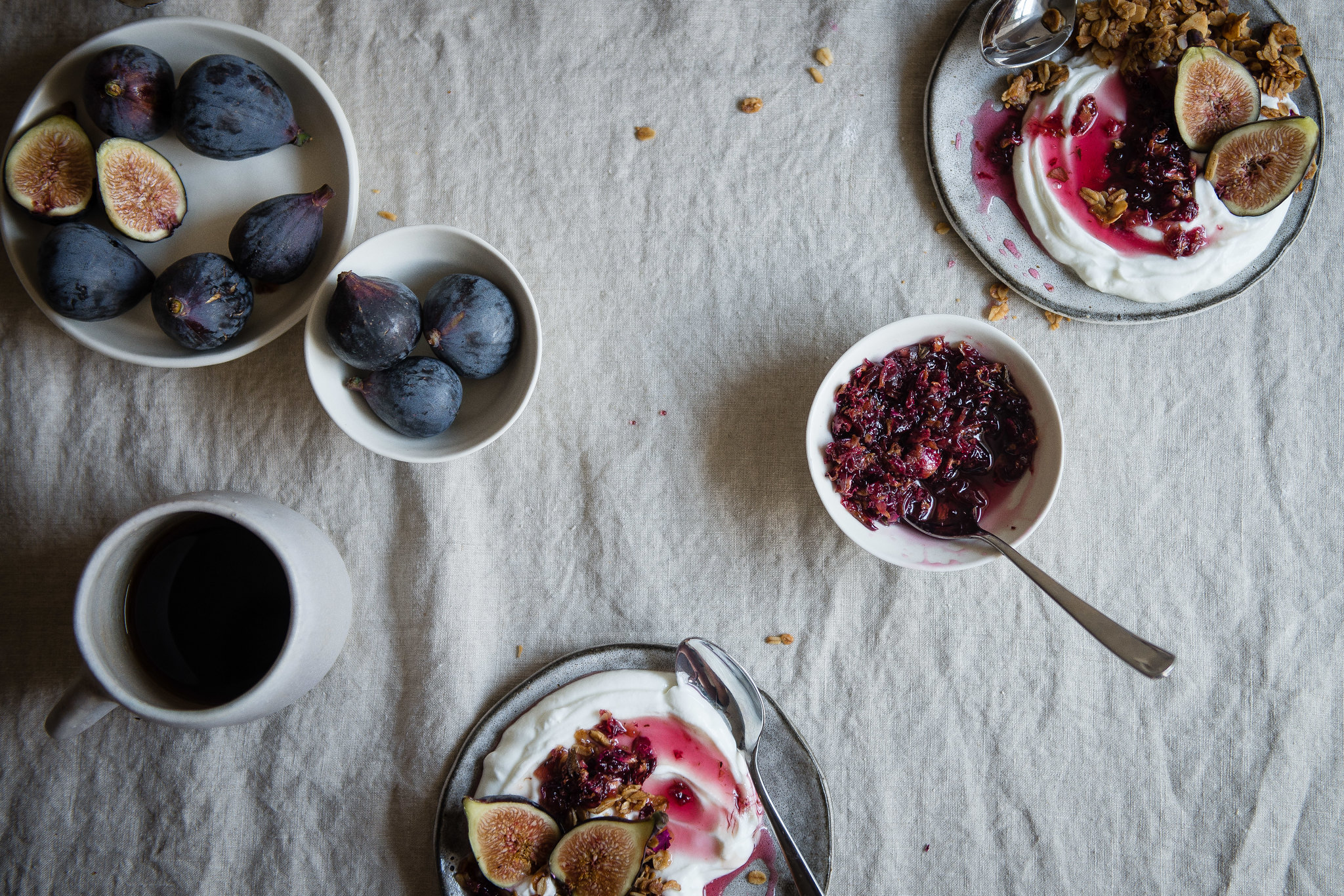 fig, rose & almond granola parfaits | two red bowls