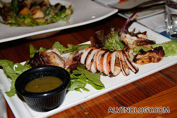Grilled Squid (S$14) - fresh whole squid grilled and topped with tangy coriander and lime sauce 