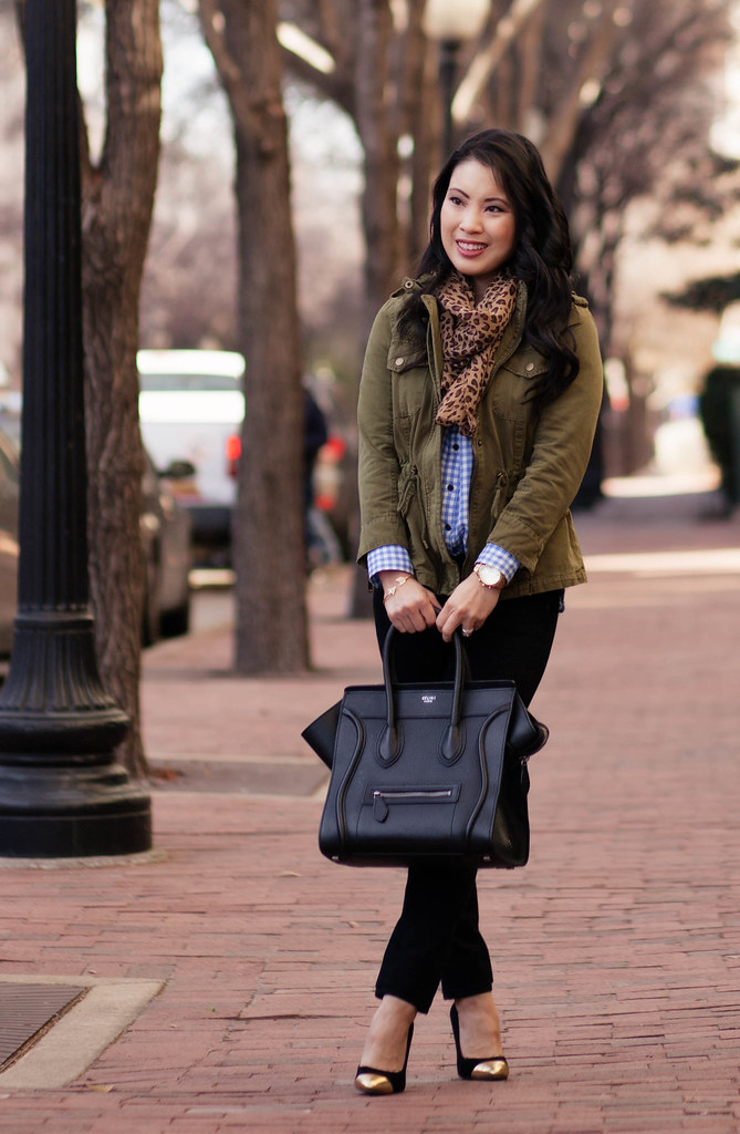 cute & little blog | utility jacket, gingham plaid, leopard print | pattern mixing casual outfit