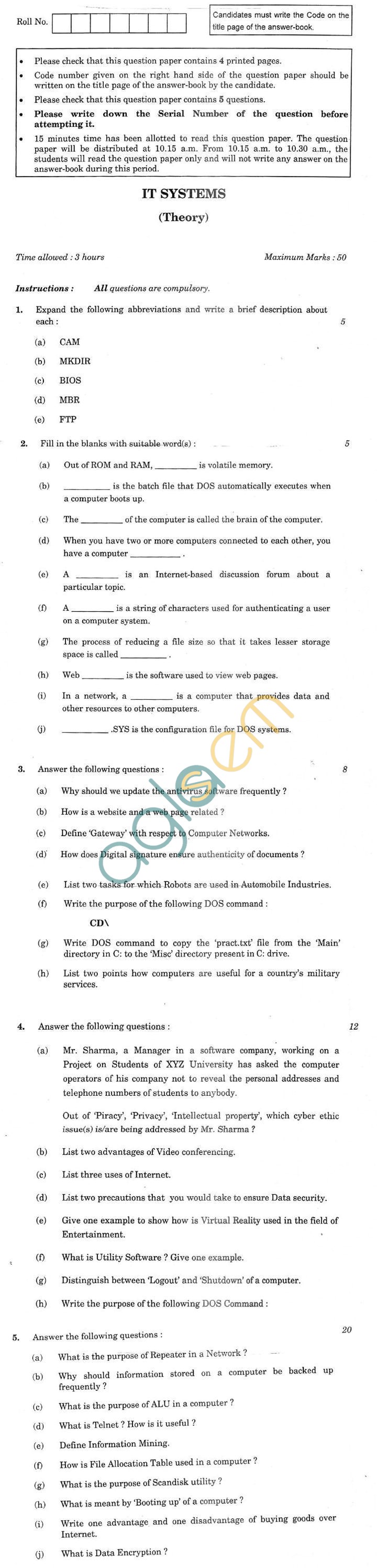 CBSE Compartment Exam 2013 Class XII Question Paper - IT System