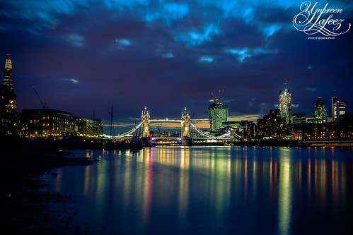 city uk bridge blue light england reflection london tower thames night river dark twilight europe long exposure low hour gb bermondsey shard gherkin ciityscape